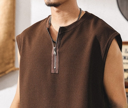 Waffle Grid Zip T-Shirt Vest in Brown