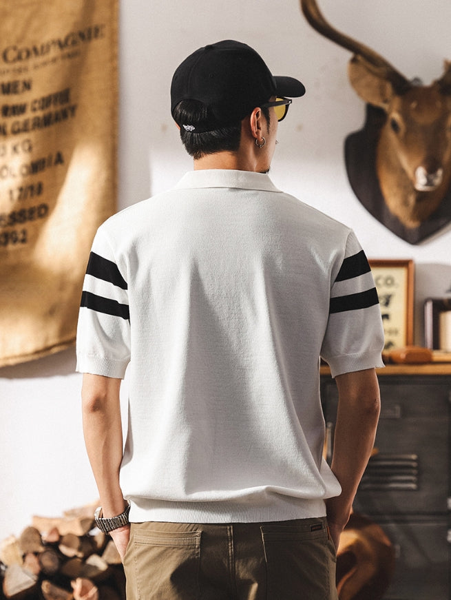 Varsity Stripe Knit Polo in Black