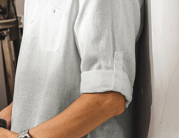 Flax Linen Stand Collar Kurta in Ivory White