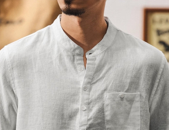 Flax Linen Stand Collar Kurta in Ivory White