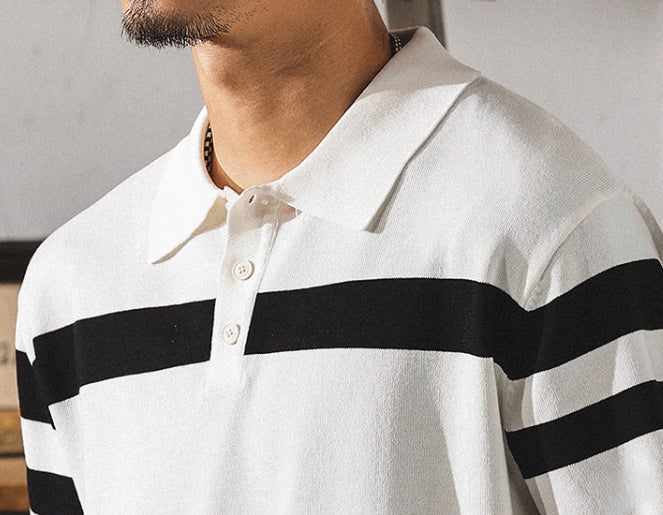Varsity Stripe Knit Polo in Black