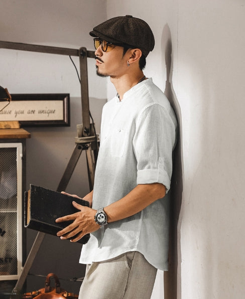 Flax Linen Stand Collar Kurta in Ivory White