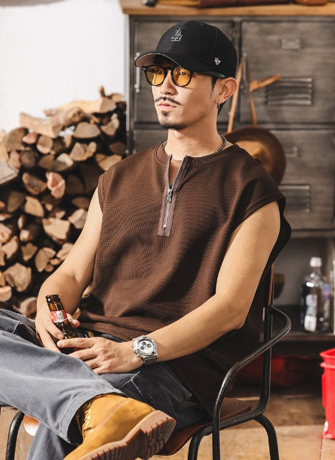 Waffle Grid Zip T-Shirt Vest in Brown