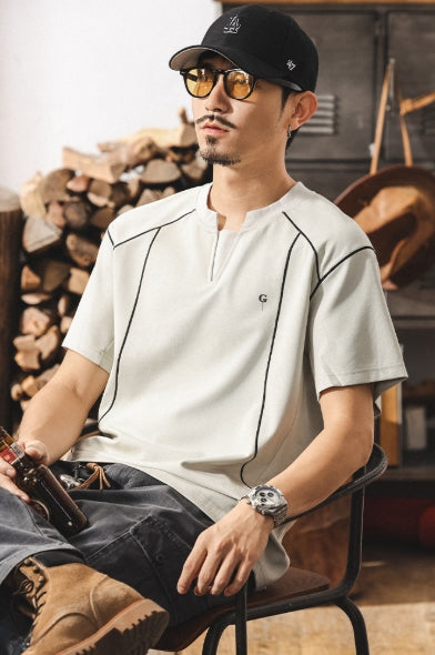 Contrast-Cuff Crew Tee with Designer Seam Detail