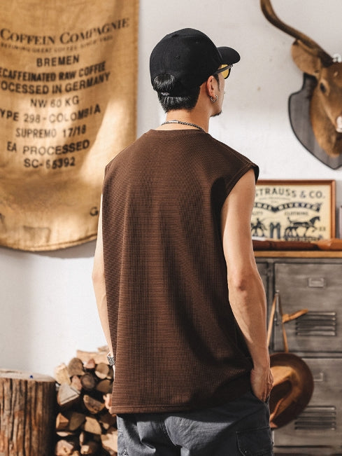 Waffle Grid Zip T-Shirt Vest in Brown