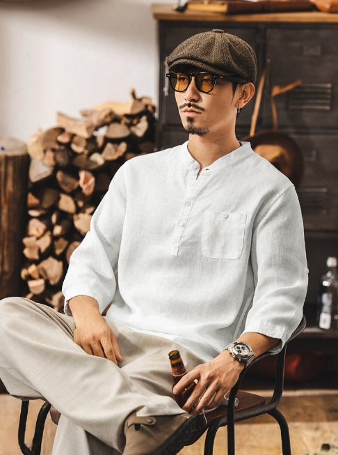 Flax Linen Stand Collar Kurta in Ivory White