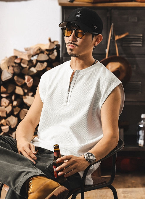 Waffle Grid Zip T-Shirt Vest in White