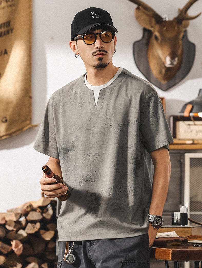 Split Neck Tie-Dye Tee in Classic Blue