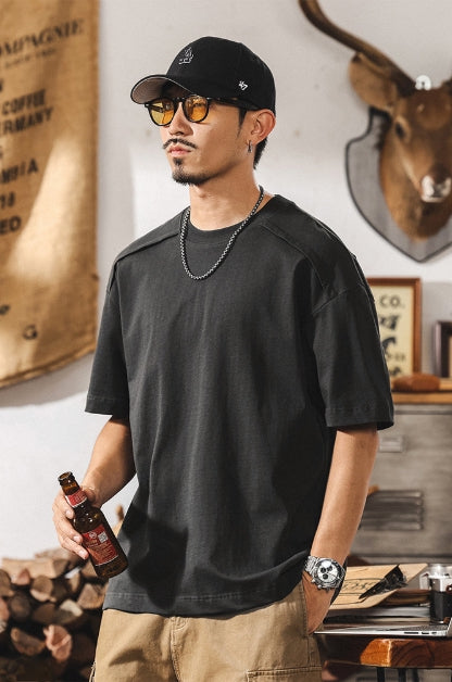 Shoulder Splice Panel Loose Tee in Black