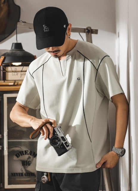 Contrast-Cuff Crew Tee with Designer Seam Detail