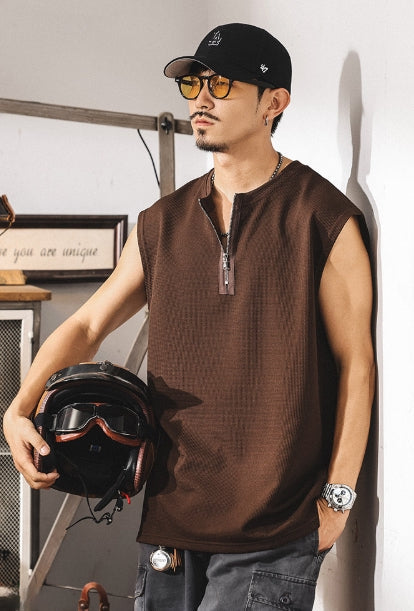 Waffle Grid Zip T-Shirt Vest in Brown