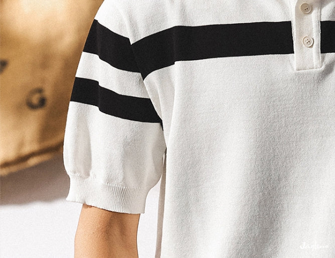 Varsity Stripe Knit Polo in Black