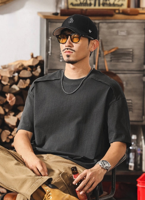 Shoulder Splice Panel Loose Tee in Black