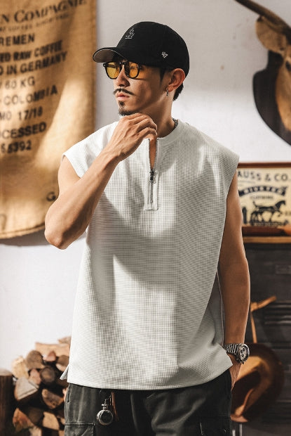Waffle Grid Zip T-Shirt Vest in White