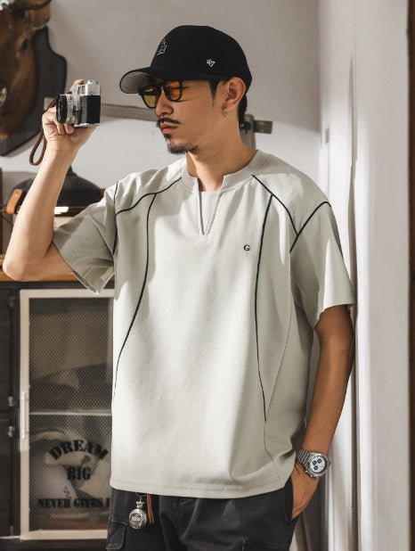 Contrast-Cuff Crew Tee with Designer Seam Detail