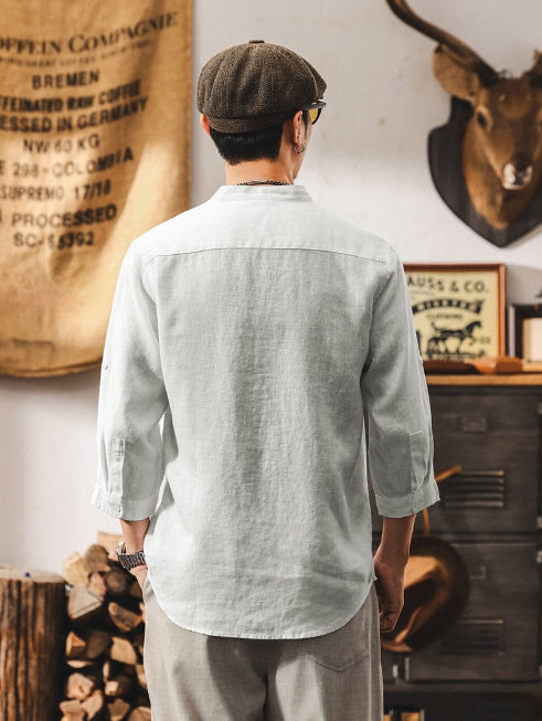 Flax Linen Stand Collar Kurta in Ivory White