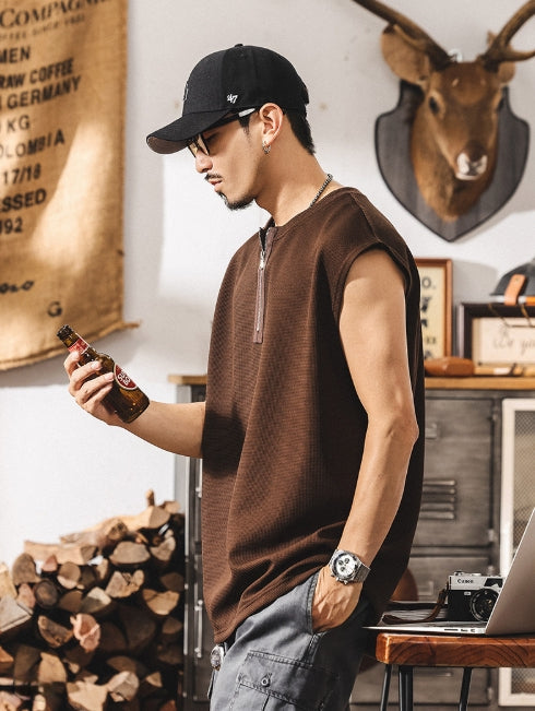 Waffle Grid Zip T-Shirt Vest in Brown