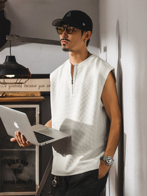 Waffle Grid Zip T-Shirt Vest in White