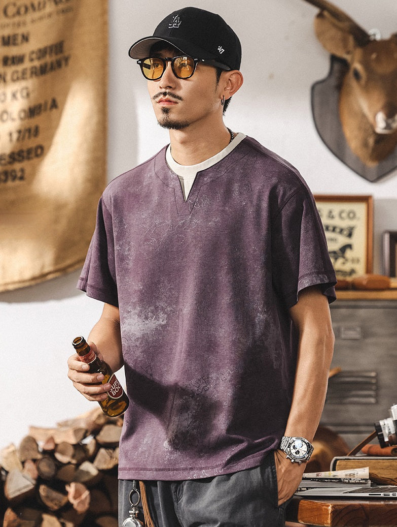 Split Neck Tie-Dye Tee in Dusty Plum Wash