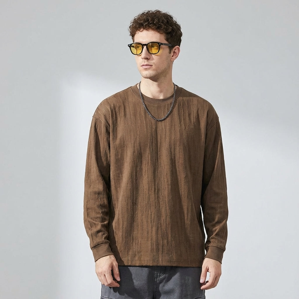 Tree Grain Texture Dropped Shoulder Sleeve Tee