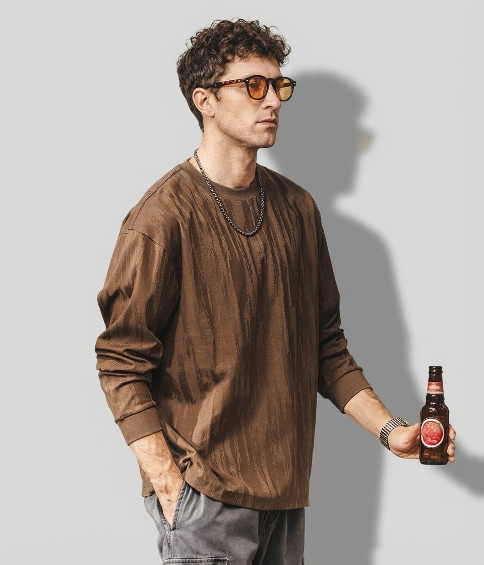 Tree Grain Texture Dropped Shoulder Sleeve Tee