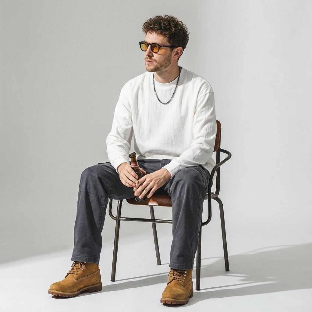 Tree Grain Texture Dropped Shoulder Sleeve Tee