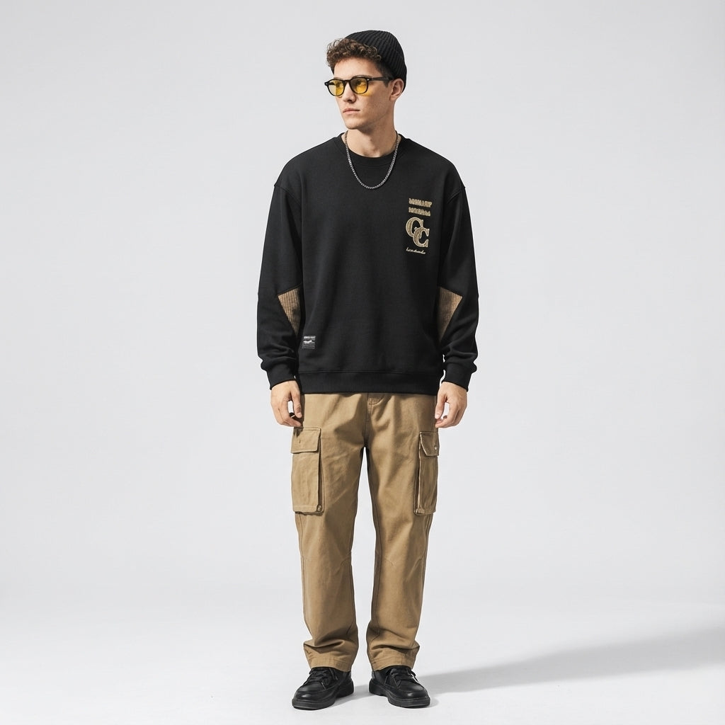 Crewneck Jumper with Dropped Shoulder Sleeves in Black