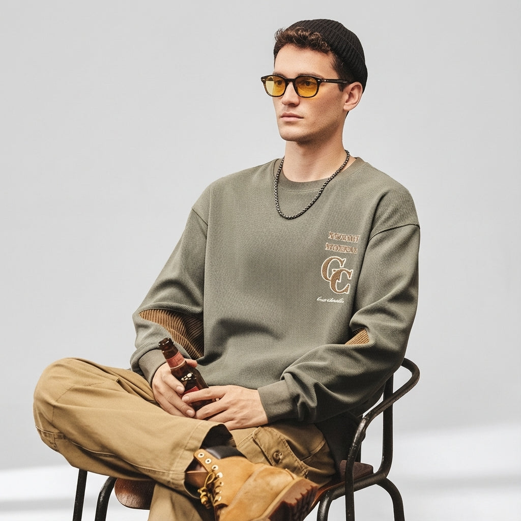 Crewneck Jumper with Dropped Shoulder Sleeves in Green