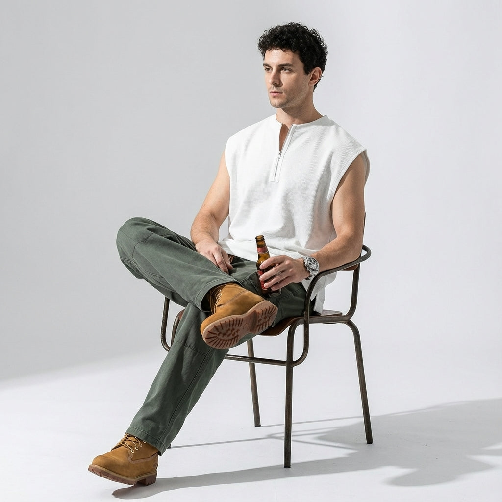 Waffle Grid Zip T-Shirt Vest in White