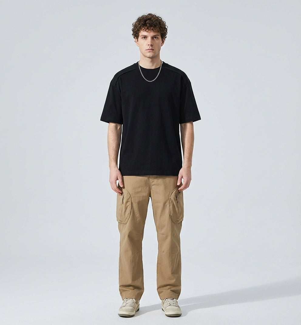 Shoulder Splice Panel Loose Tee in Black