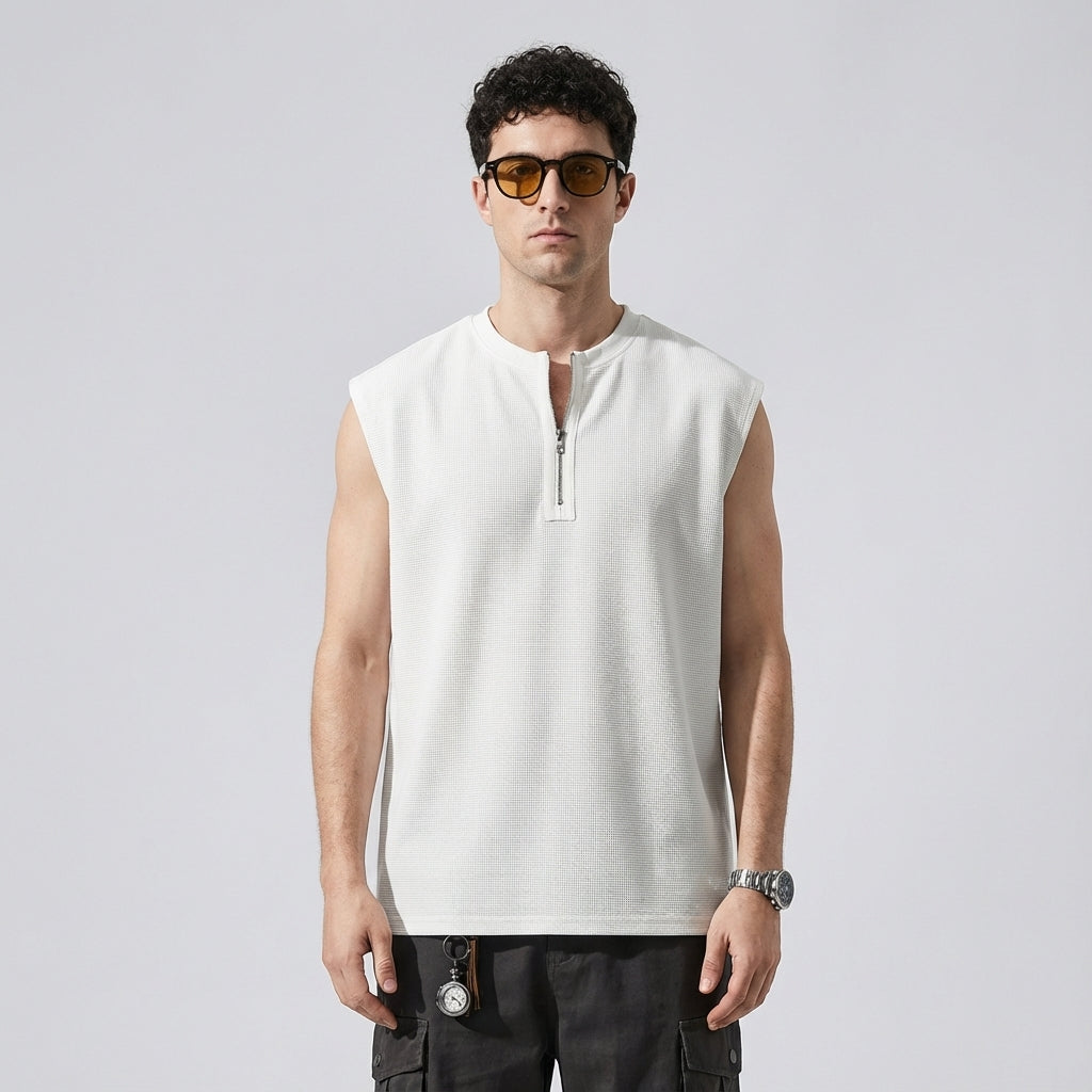Waffle Grid Zip T-Shirt Vest in White