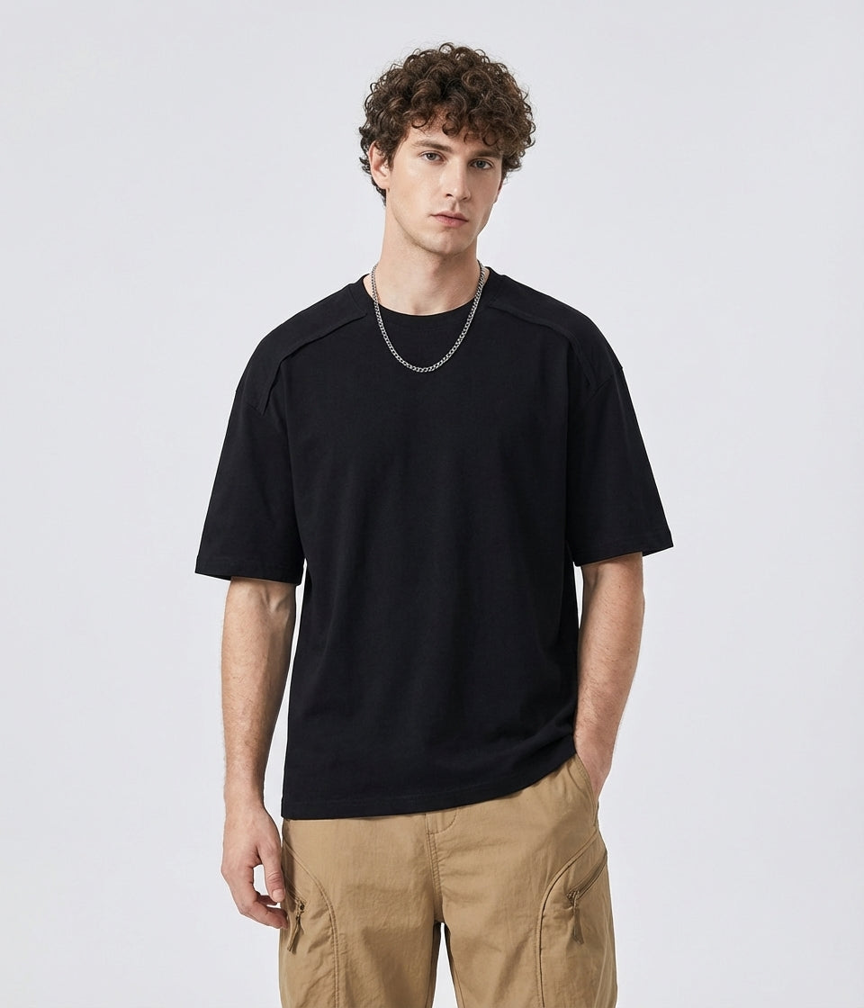Shoulder Splice Panel Loose Tee in Black
