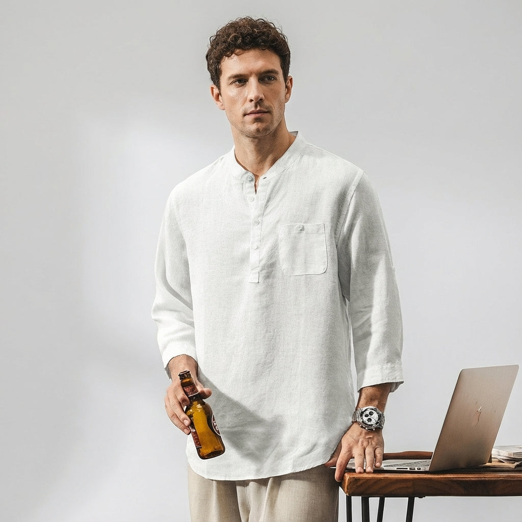 Flax Linen Stand Collar Kurta in Ivory White