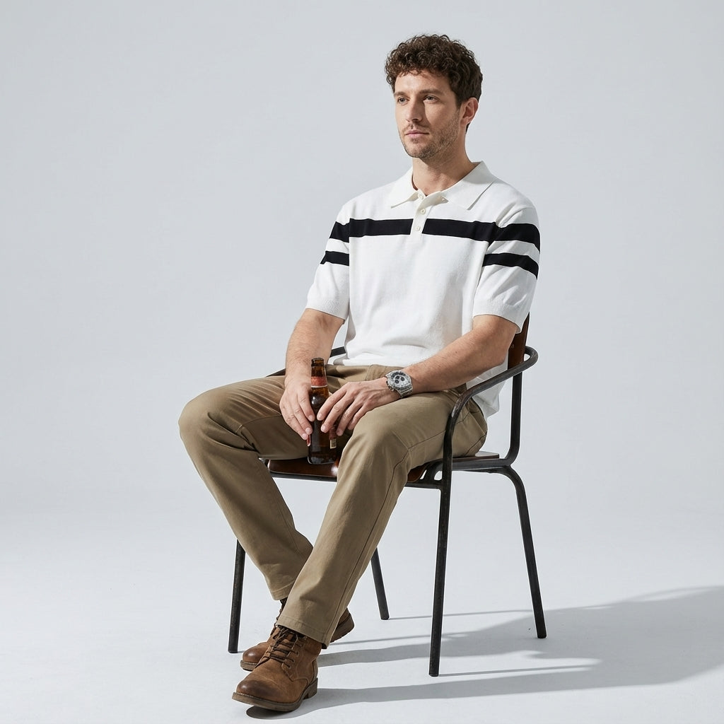 Varsity Stripe Knit Polo in Black