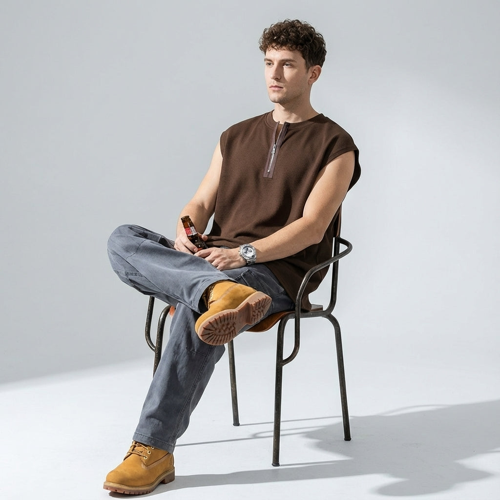 Waffle Grid Zip T-Shirt Vest in Brown