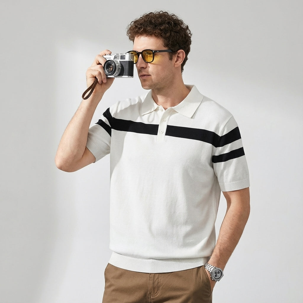 Varsity Stripe Knit Polo in Black