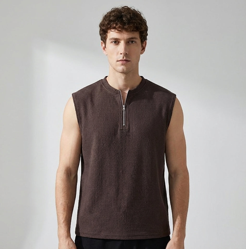 Waffle Grid Zip T-Shirt Vest in Brown
