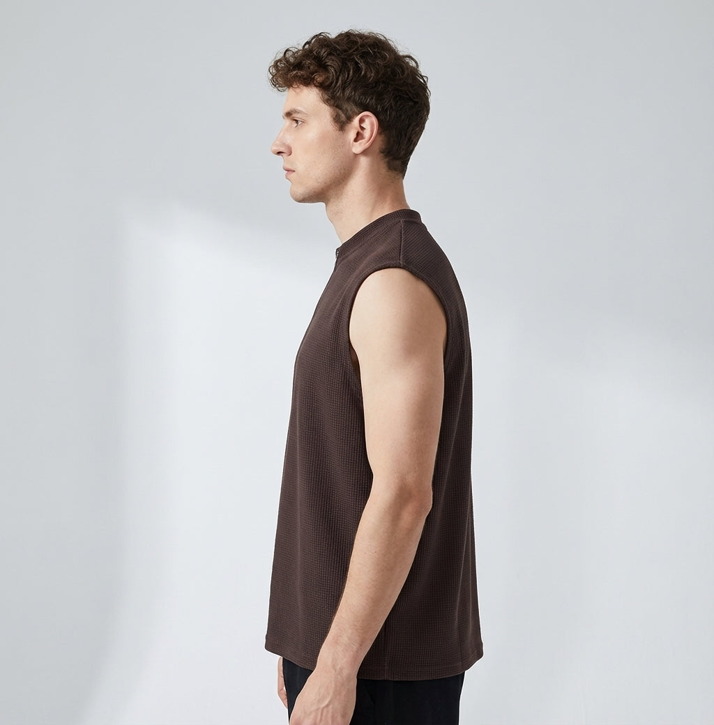 Waffle Grid Zip T-Shirt Vest in Brown