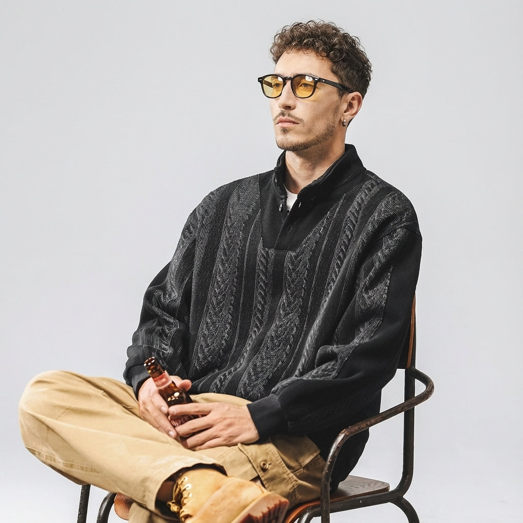 Textured Turtle Neck Pullover in Black