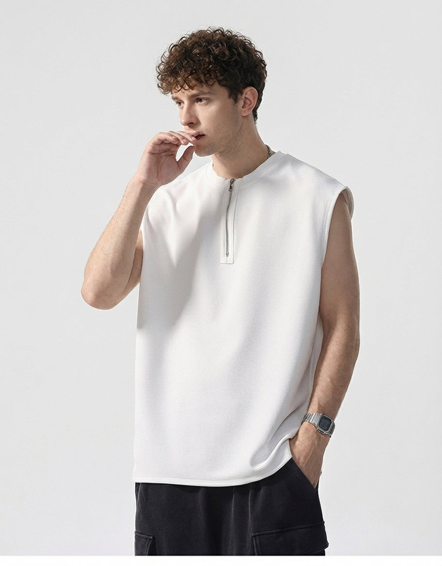 Waffle Grid Zip T-Shirt Vest in White