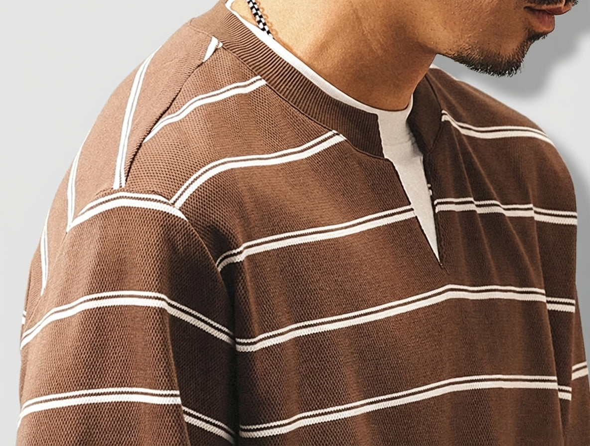 Sailors Stripe Tee with Dropped Shoulder Sleeves in Brown