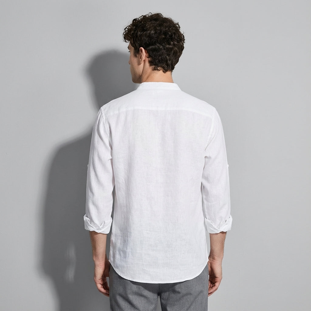 Flax Linen Stand Collar Kurta in Ivory White