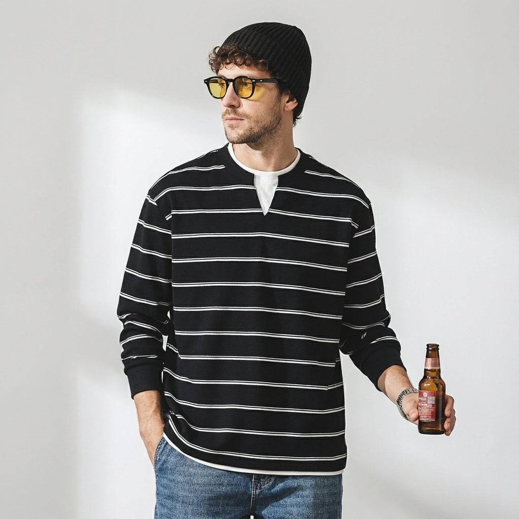 Sailors Stripe Tee with Dropped Shoulder Sleeves in Black