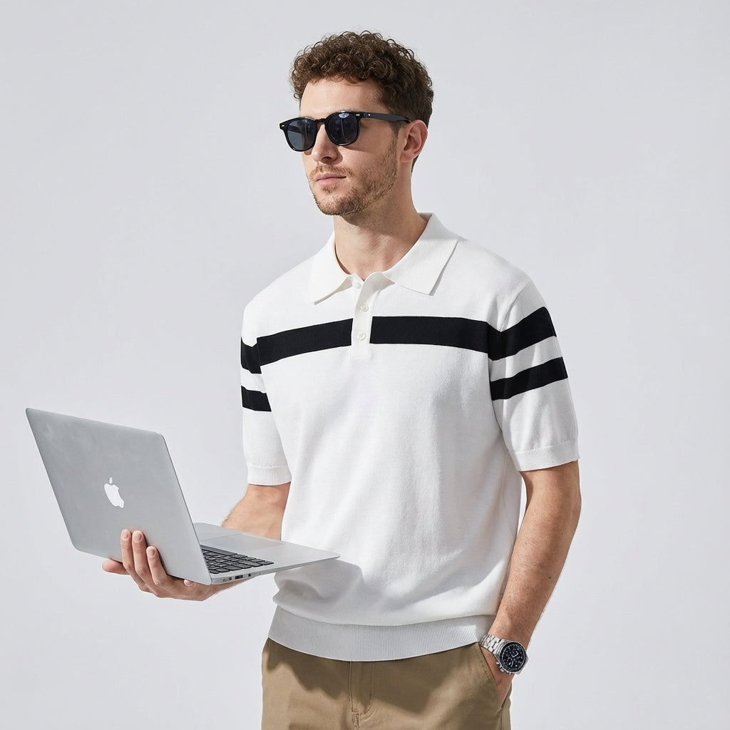 Varsity Stripe Knit Polo in Black