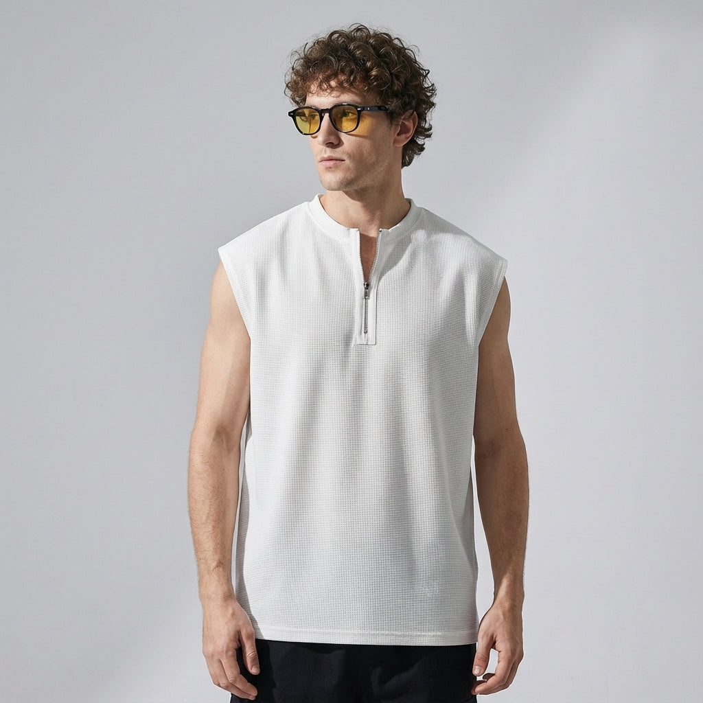 Waffle Grid Zip T-Shirt Vest in White