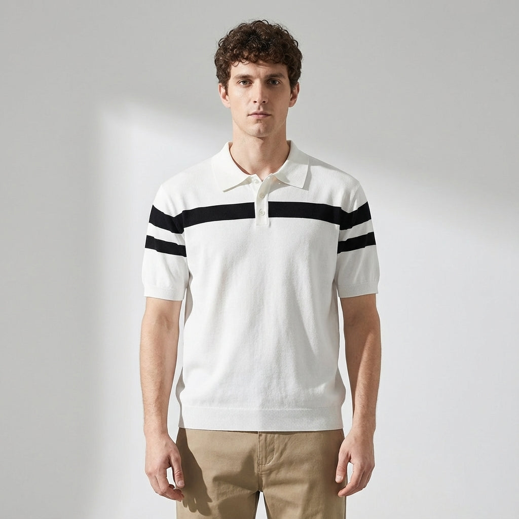 Varsity Stripe Knit Polo in Black