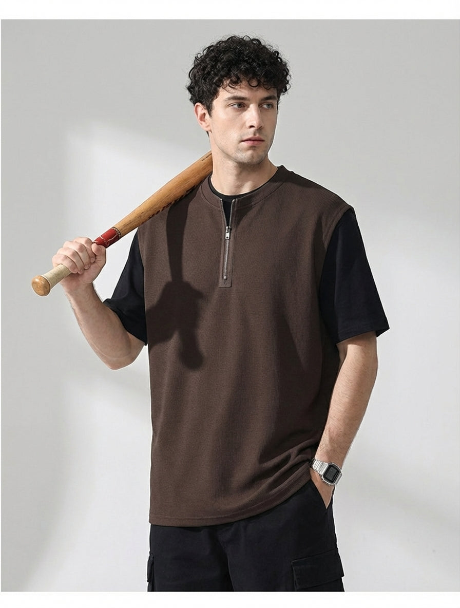 Waffle Grid Zip T-Shirt Vest in Brown