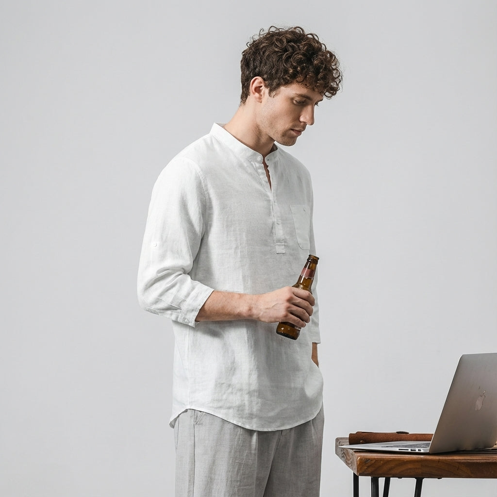 Flax Linen Stand Collar Kurta in Ivory White