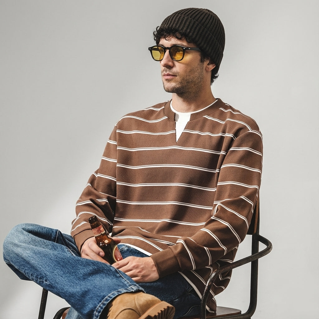 Sailors Stripe Tee with Dropped Shoulder Sleeves in Brown