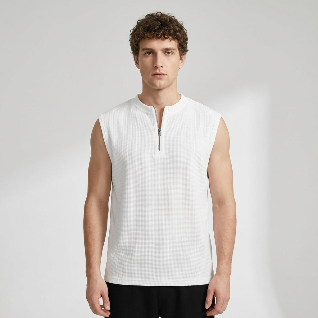 Waffle Grid Zip T-Shirt Vest in White